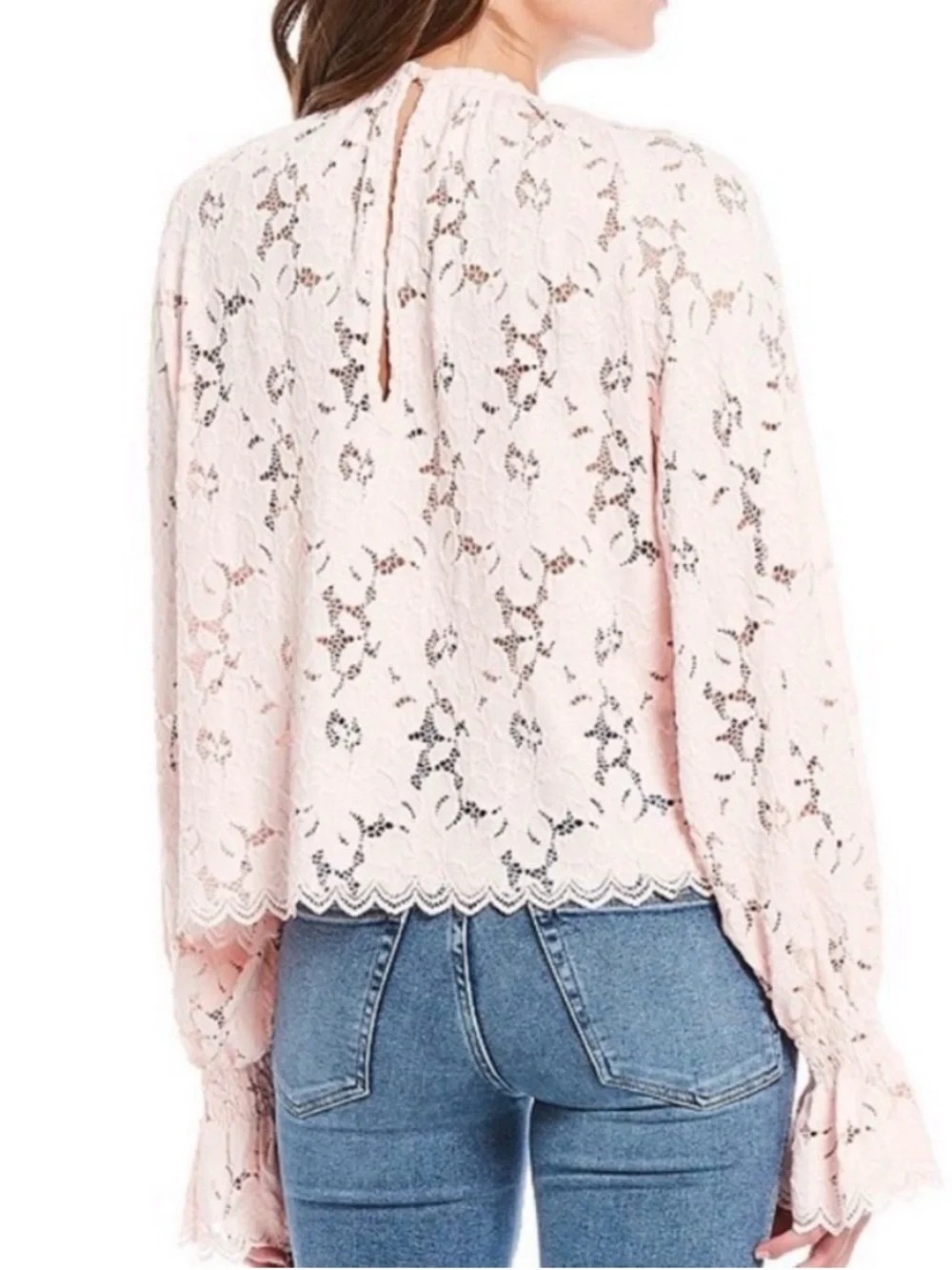 NWOT Free People Olivia Lace Balloon Sleeve Blouse Top in Pink